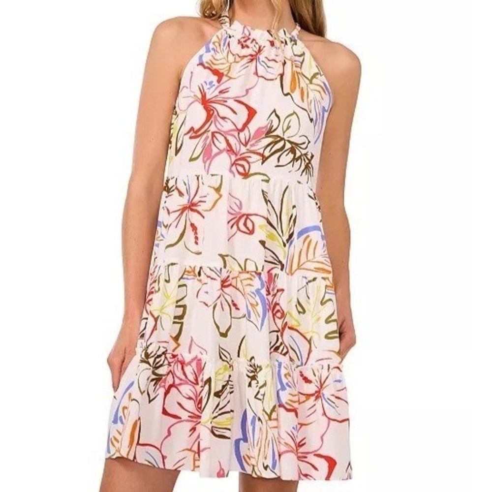 CeCe Tropical Tie Back‎ Halter Tiered Sleeveless Mini Dress Floral Womens Size L